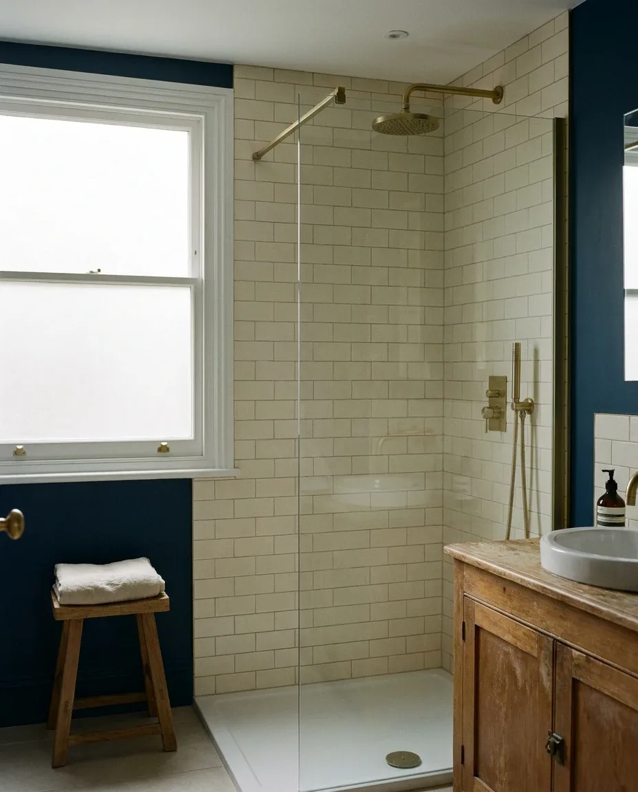 Walk-in shower with cream metro tiles and brushed brass fittings