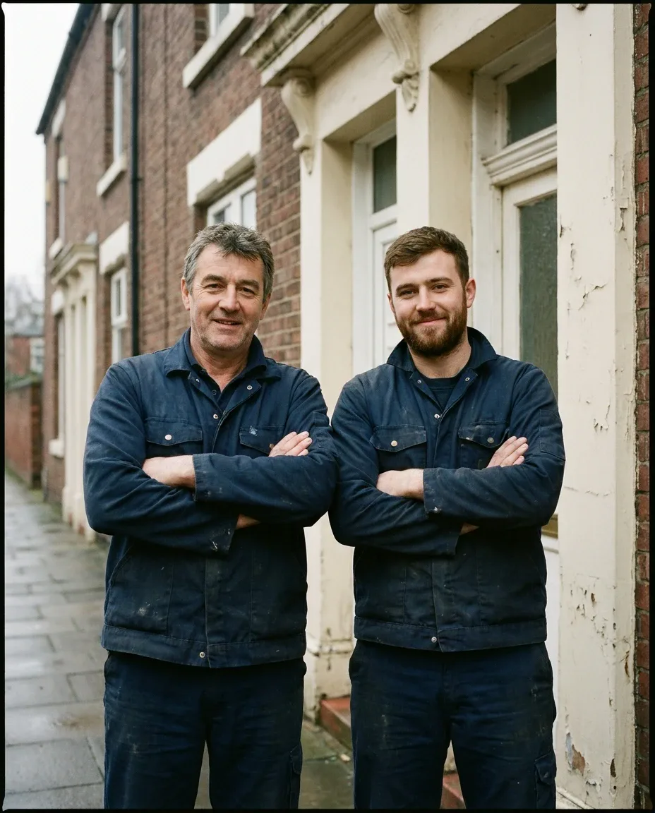 Mike and Tom Ashcombe outside a terraced house in Bristol